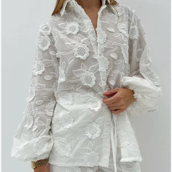 White Floral Embroidered Button Front Blouse with Pearl Accents – 100% Cotton - Picture 2 of 13